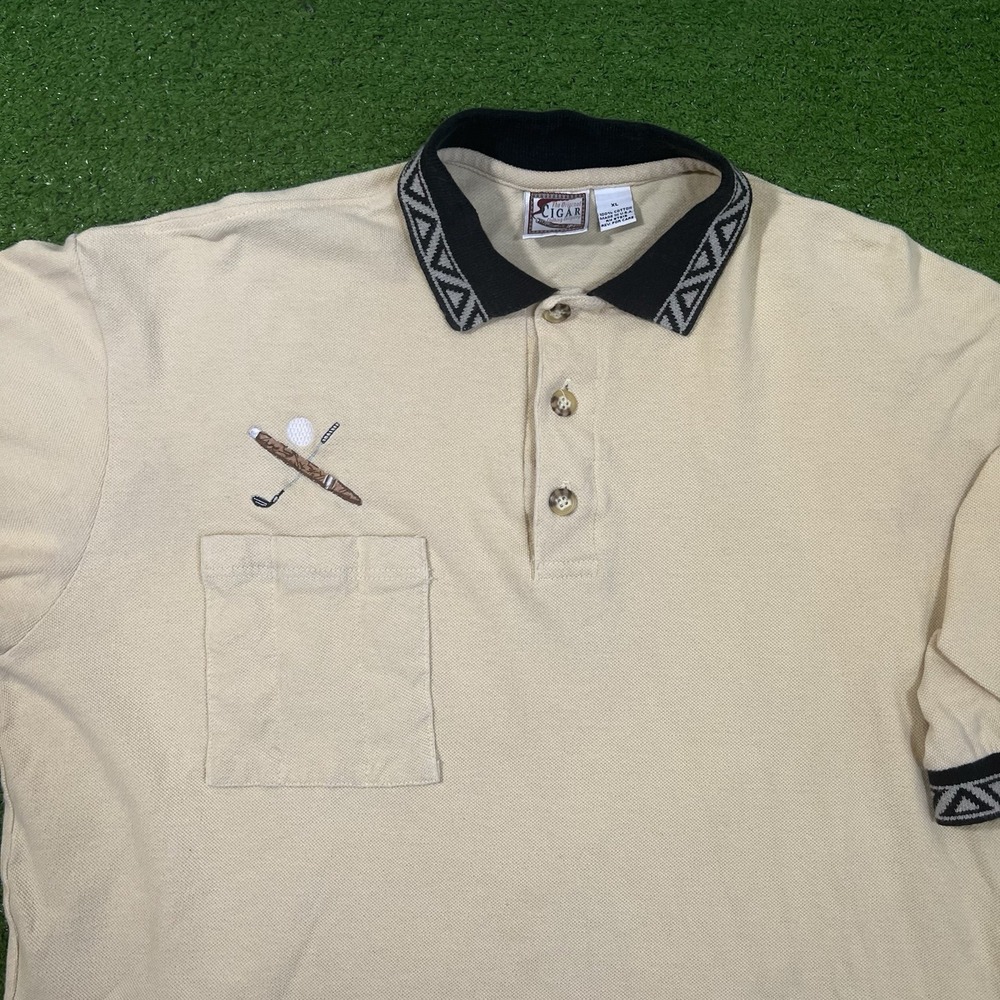 Vintage 90s Golf Polo XL Beige Tribal Print Collar Cigar Logo Cigar Clothing Co